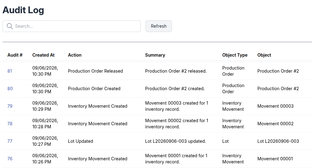 Indietory Audit Log showing production order creation and release, inventory movements, lot updates, timestamps, and affected records