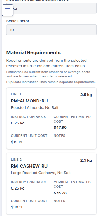 Indietory Production Order showing a 10 kg Cherry Choco Trail Mix batch with scaled material requirements and current estimated costs