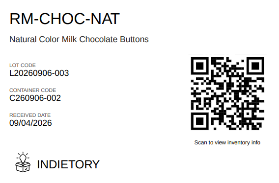 Indietory printable QR inventory label for the received chocolate lot and container
